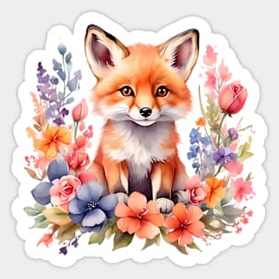 A red fox decorated with beautiful watercolor flowers Sticker